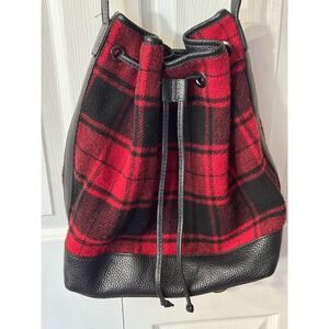 Barneys New York Plaid Wool Leather Trim Drawstring Bucket Bag Purse